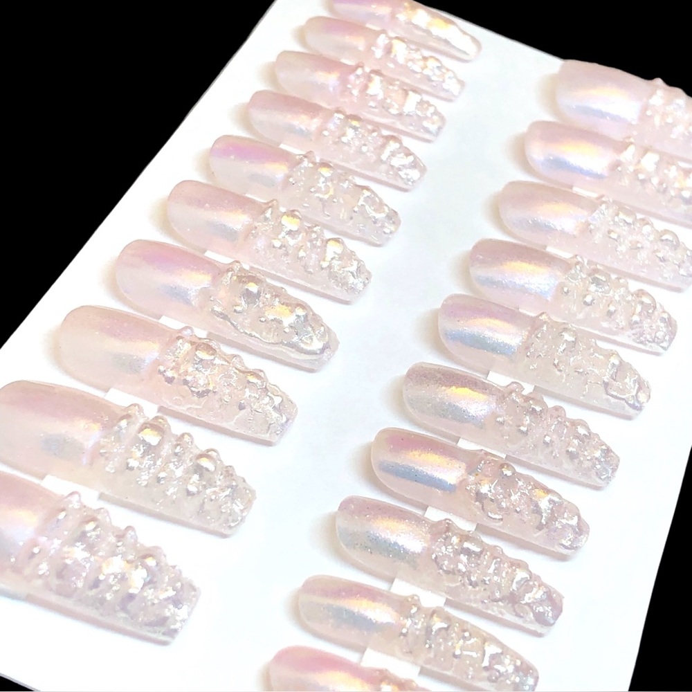 Press On Nails Handmade Custom False Nails Long Coffin Iridescent Metallic Icy